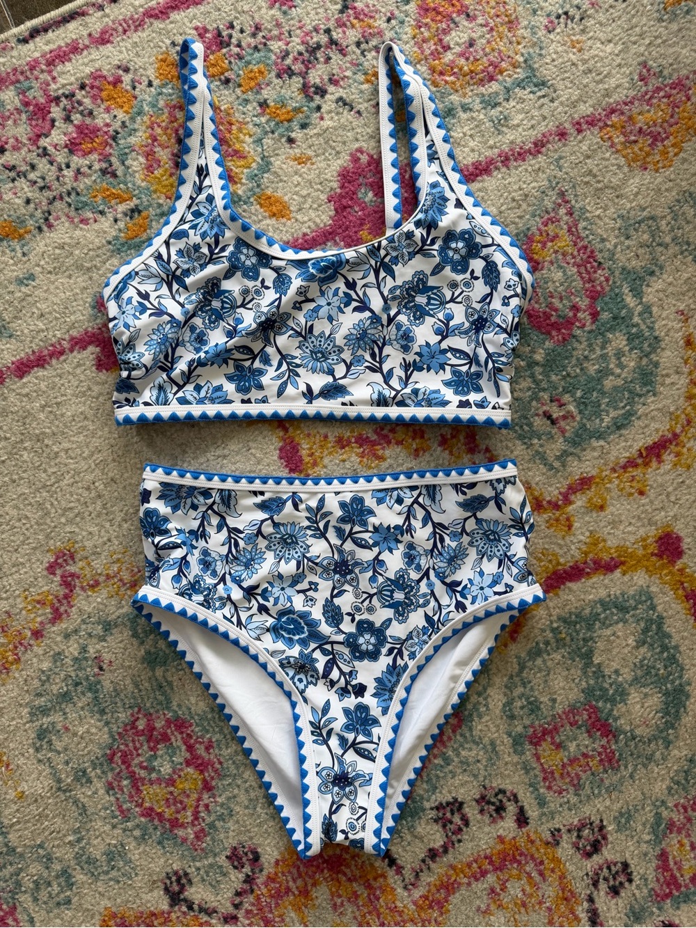Blue Floral High-Waist Bikini Set for Women
